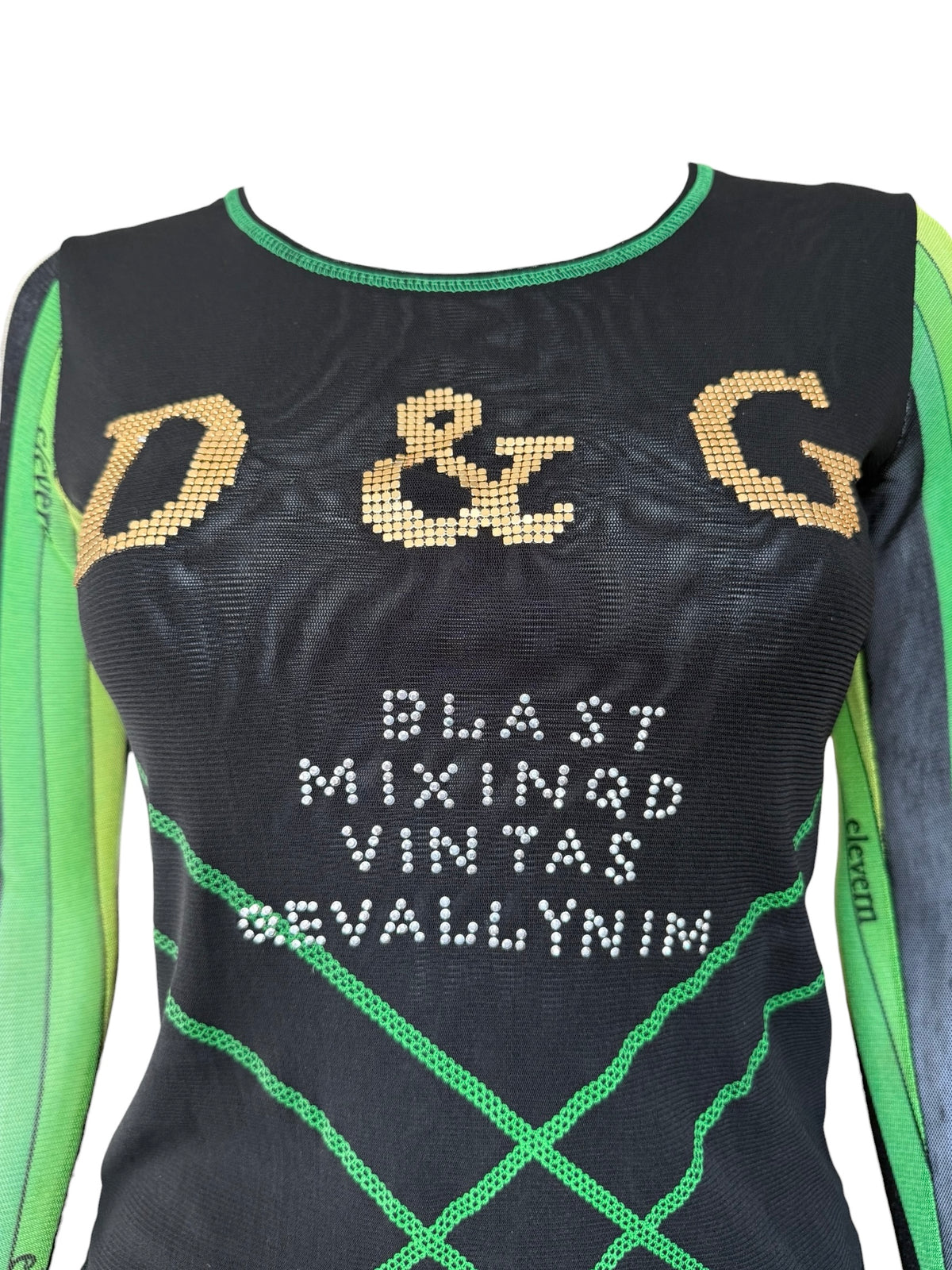 Dolce & Gabbana Black Mesh Long Sleeve Top UK Size 8/10 with Gold Studded D&G Logo and Silver Stud Text