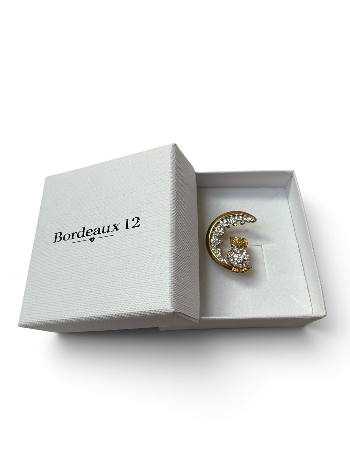 Vintage Attwood & Sawyer A&S Owl on Crescent Moon Brooch | 22ct Gold Plate & Pavé Swarovski Crystals