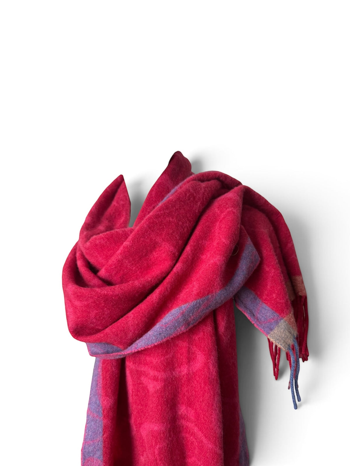 Vintage Vivienne Westwood Red Purple Wool Scarf Fringed Orb Logo