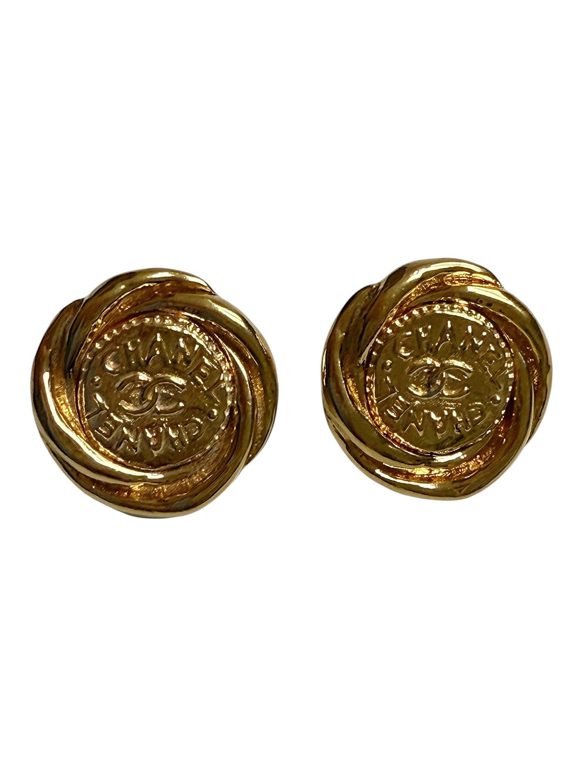 Chanel Gold Plated CC Logo Round Clip On Earrings