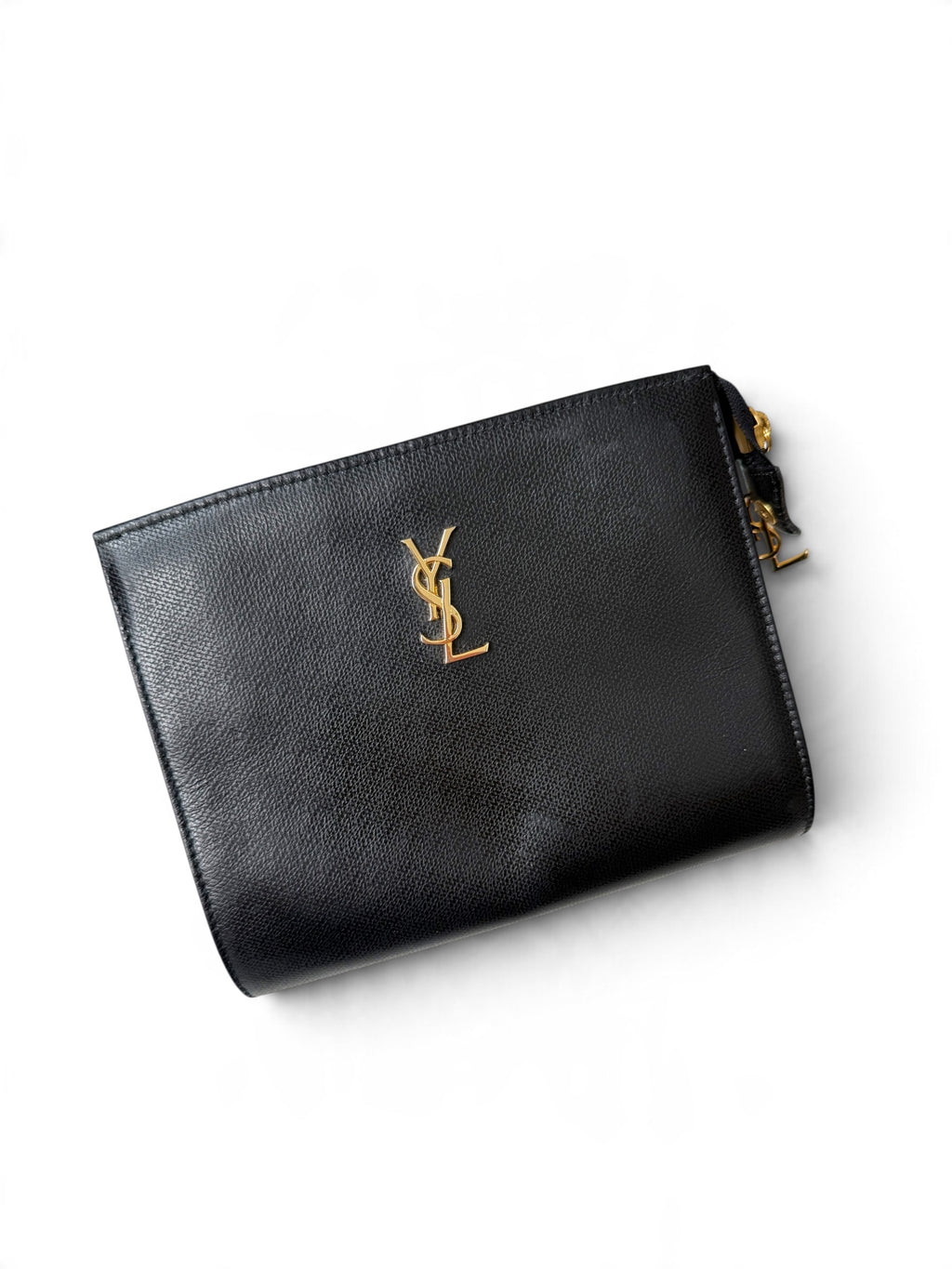 Yves Saint Laurent Navy Blue Pebbled Leather Pouch with Gold YSL Logo | Made in France