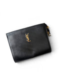 Yves Saint Laurent Navy Blue Pebbled Leather Pouch with Gold YSL Logo | Made in France