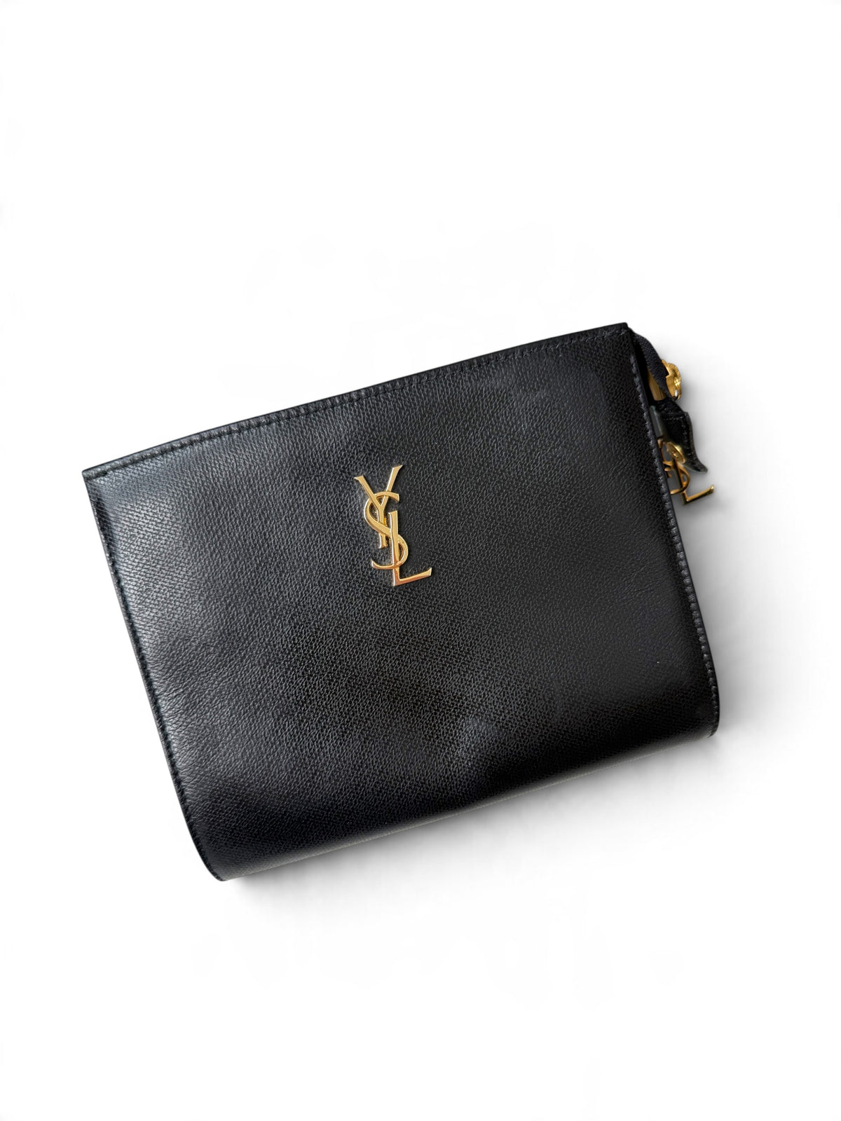 Yves Saint Laurent Navy Blue Pebbled Leather Pouch with Gold YSL Logo | Made in France