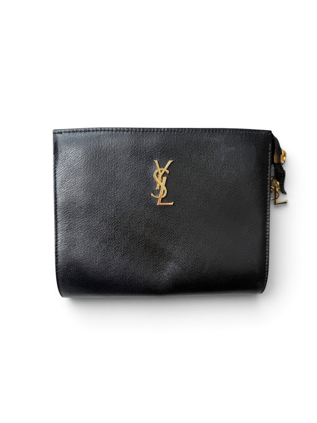 Yves Saint Laurent Navy Blue Pebbled Leather Pouch with Gold YSL Logo | Made in France