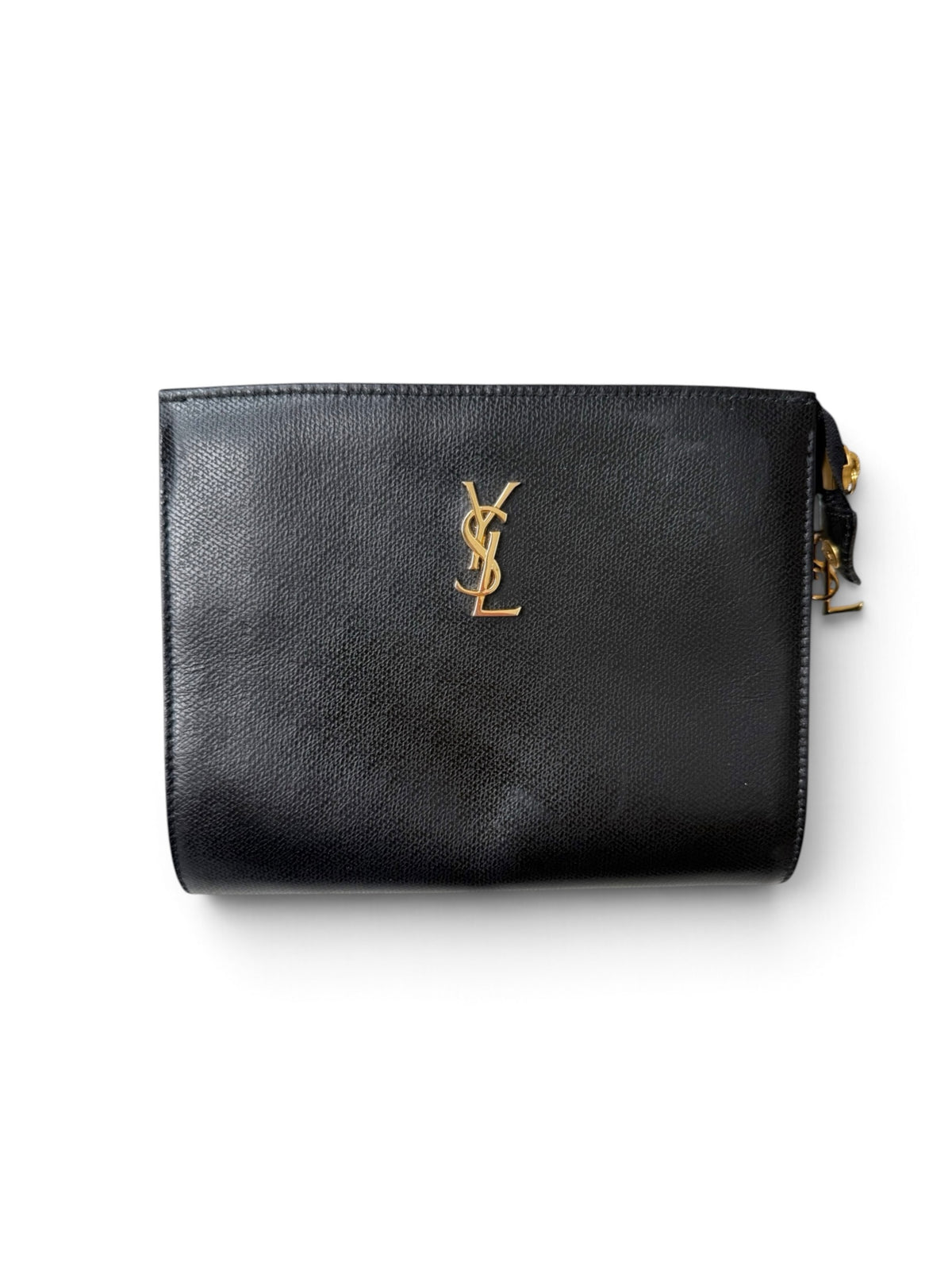 Yves Saint Laurent Navy Blue Pebbled Leather Pouch with Gold YSL Logo | Made in France