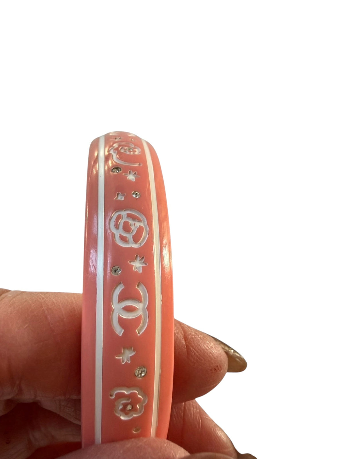 Chanel Coal Pink Resin Camellia Crystal Bangle