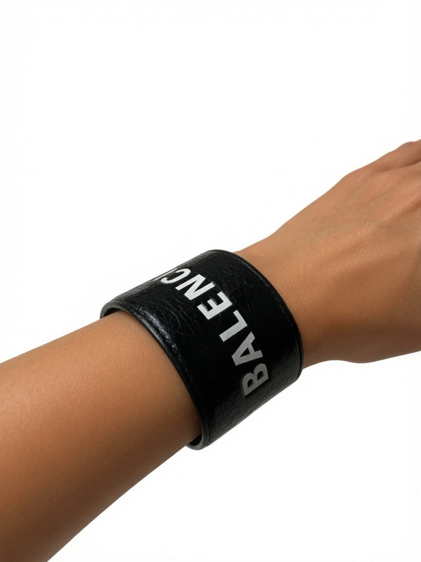 Balenciaga Black Leather Cycle Slap Bracelet – White Logo Cuff