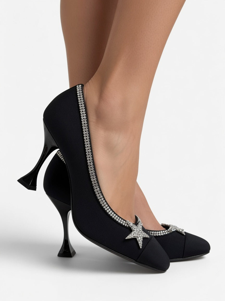 Chanel Black Satin Crystal Star Embellished Pumps