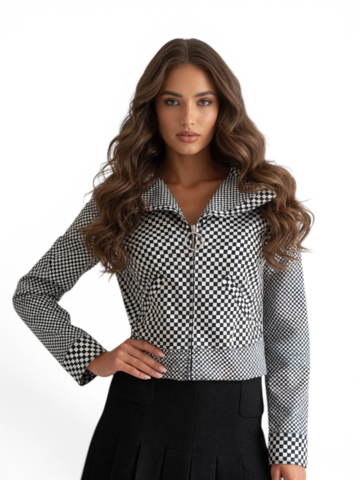 Moschino Jeans Black and White Checkerboard Zip-Up Jacket