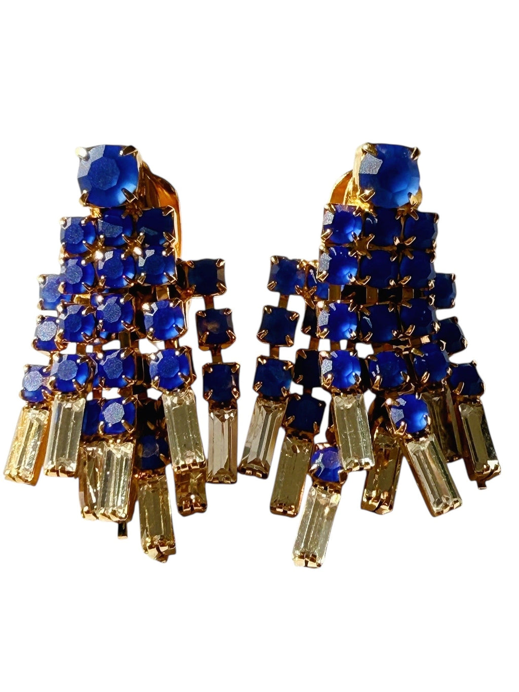 Poggi of Paris Blue and White Crystal Tassel Clip-On Earrings