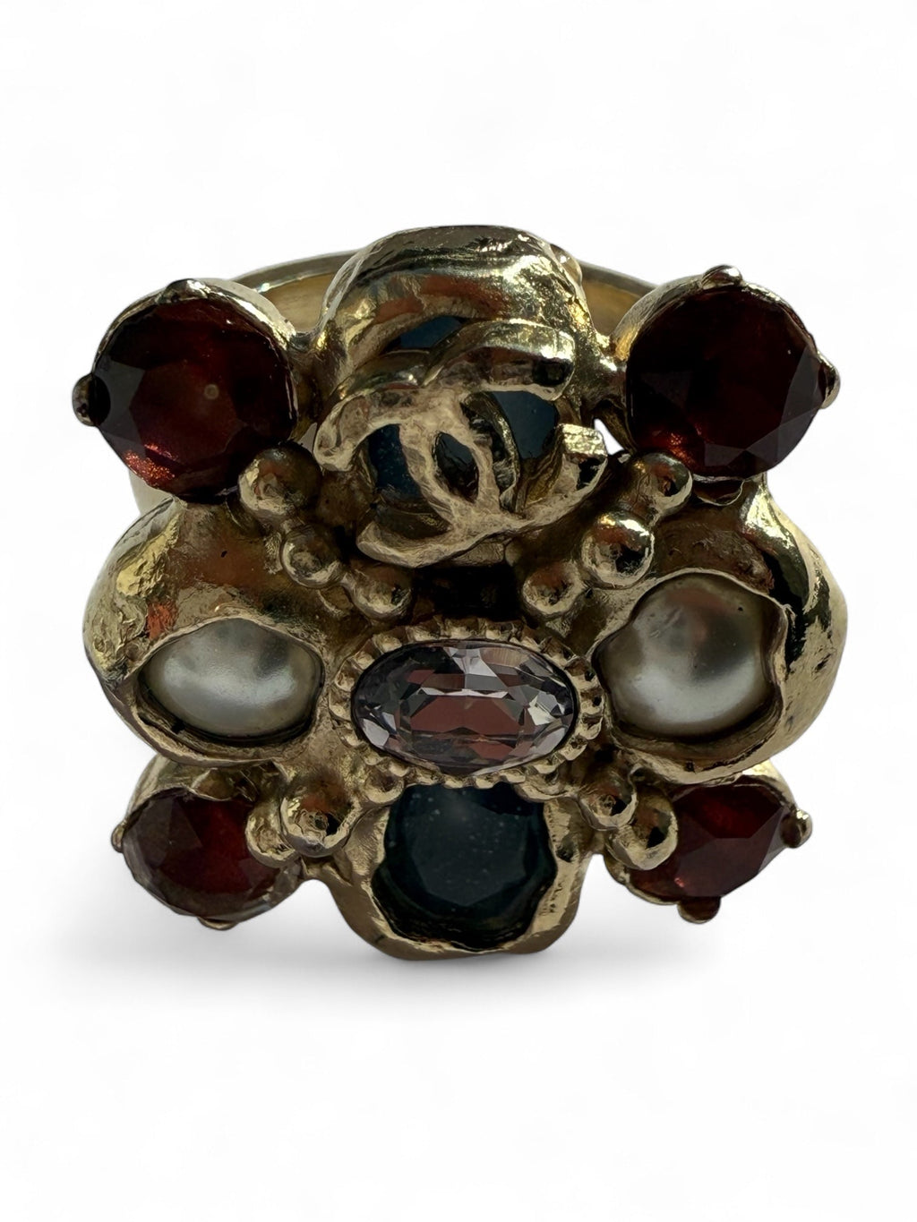 Chanel Gold Plated Crystal and Faux Pearl CC Ring