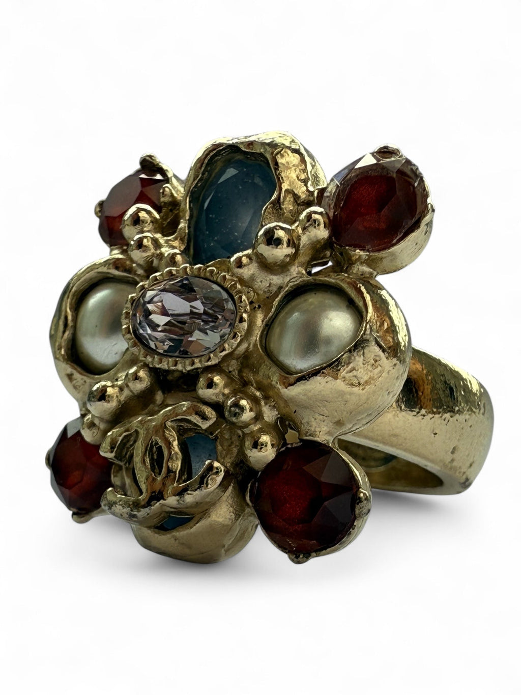 Chanel Gold Plated Crystal and Faux Pearl CC Ring