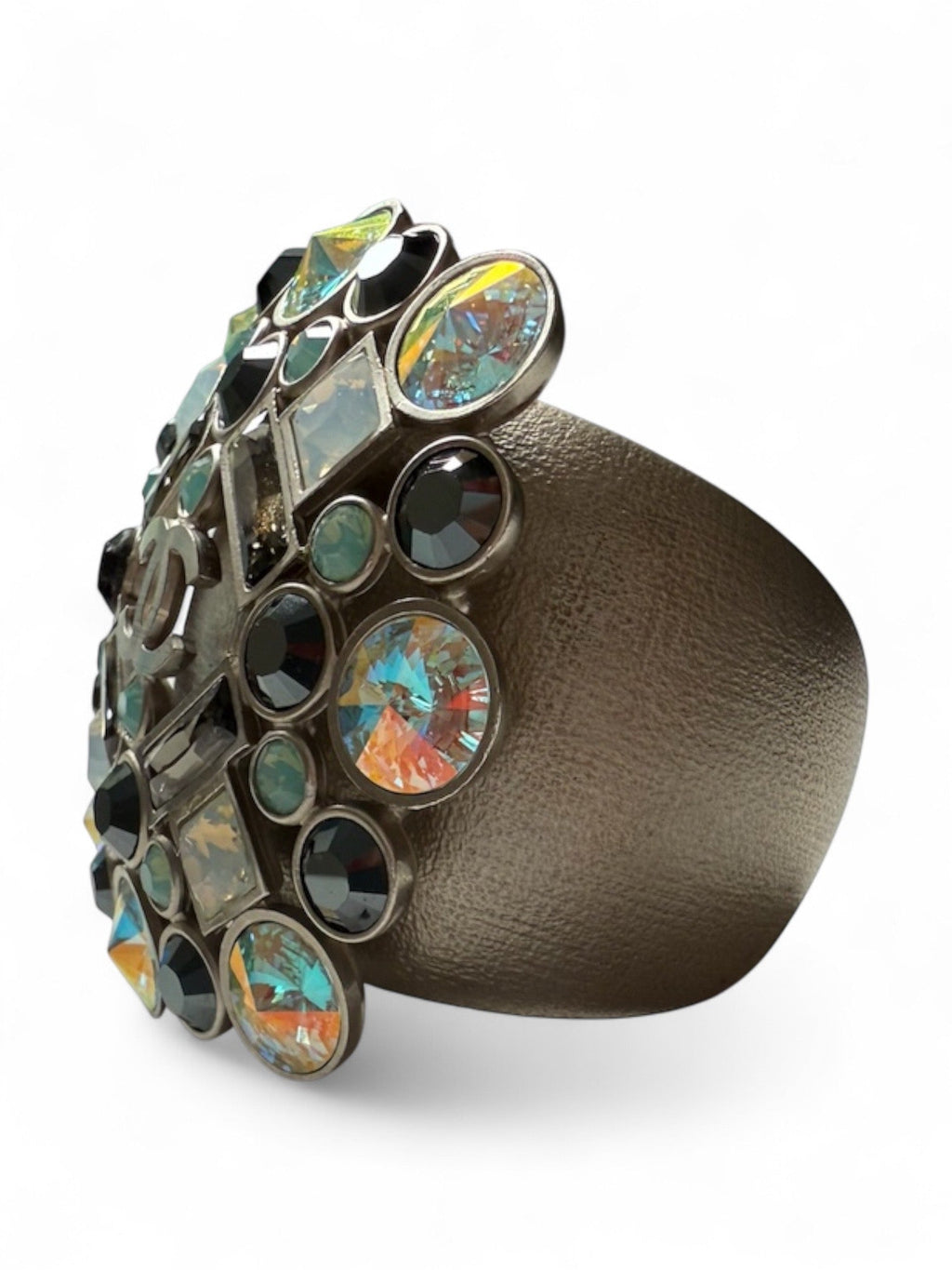 Chanel Brushed Silver Tone Multi Coloured Jewelled Cuff