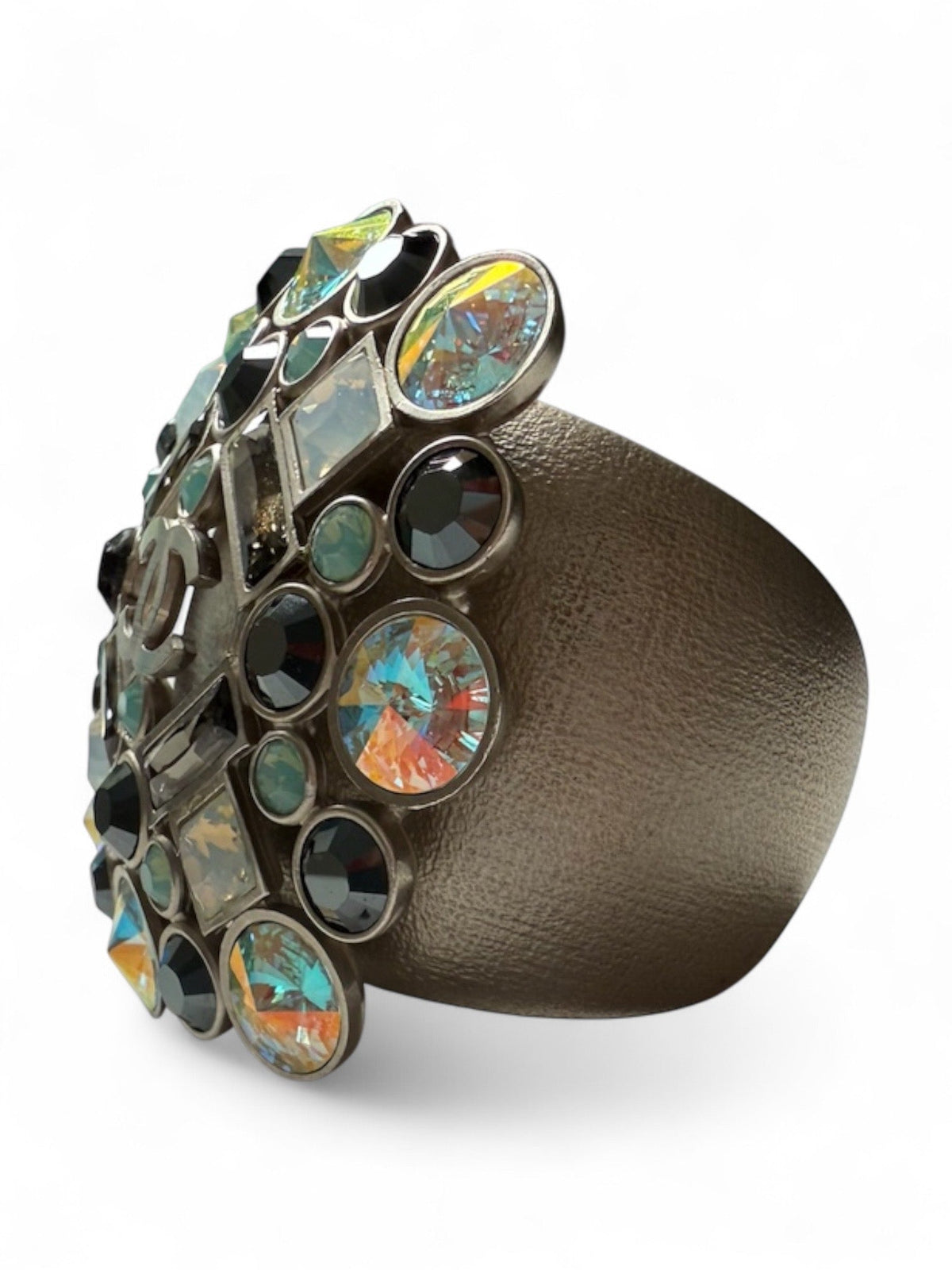 Chanel Brushed Silver Tone Multi Coloured Jewelled Cuff