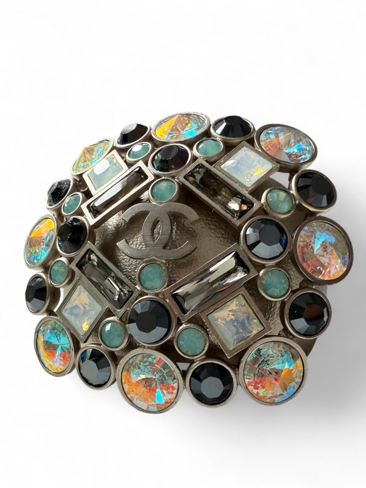 Chanel Brushed Silver Tone Multi Coloured Jewelled Cuff