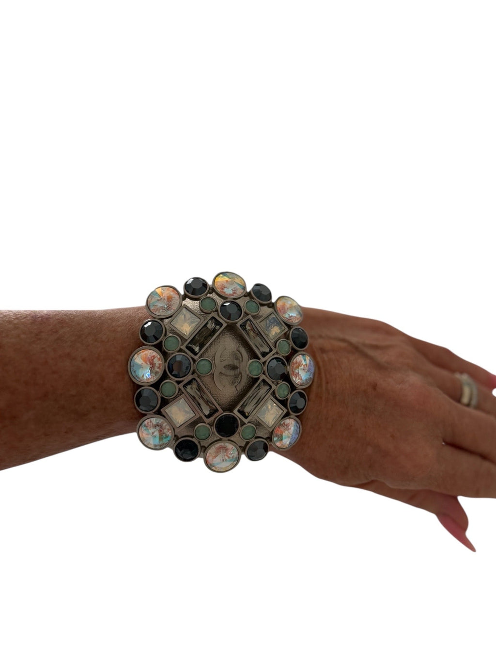 Chanel Brushed Silver Tone Multi Coloured Jewelled Cuff