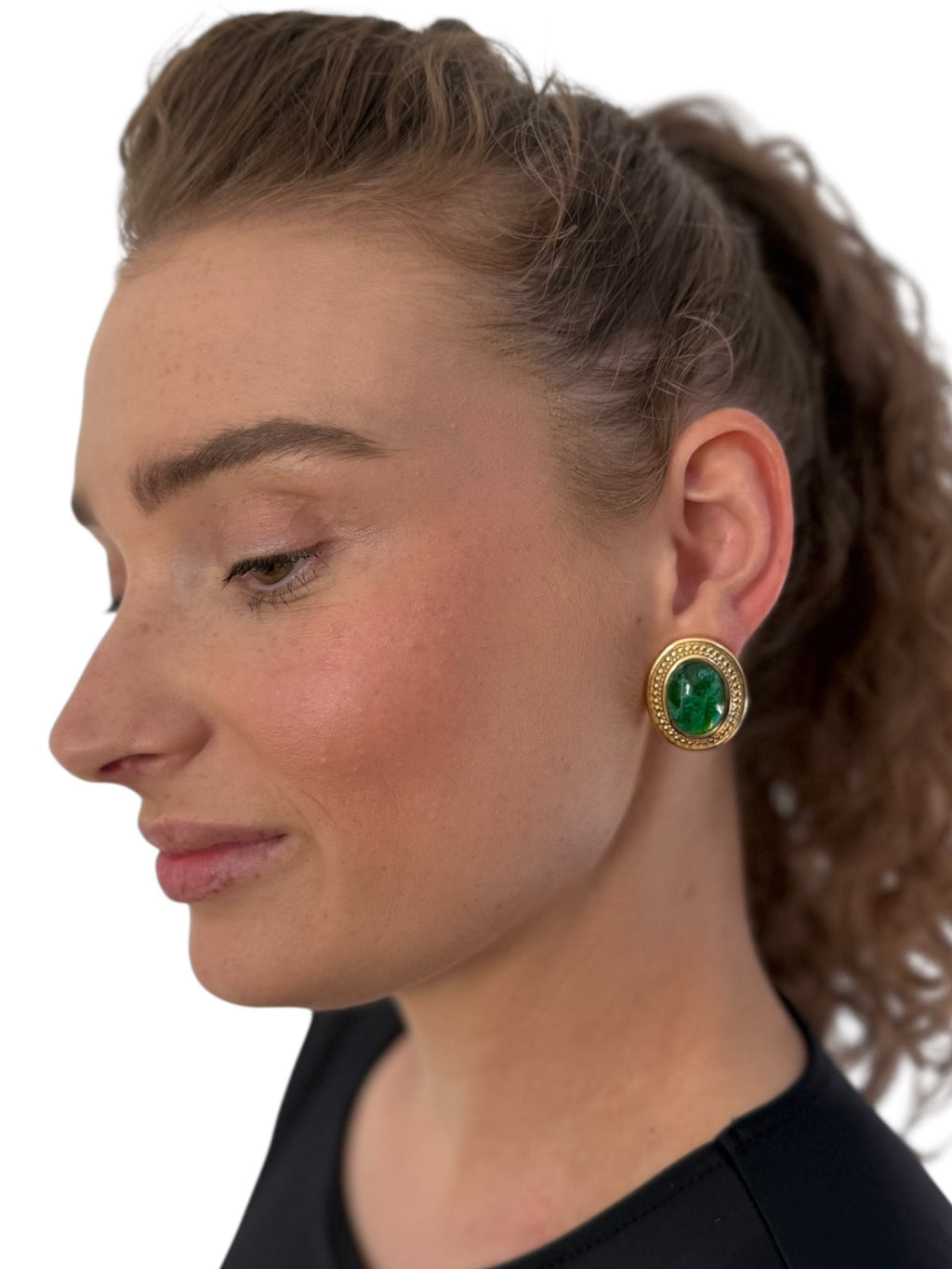 Christian Dior Emerald Poured Glass and Gold Oval Clip on Earrings