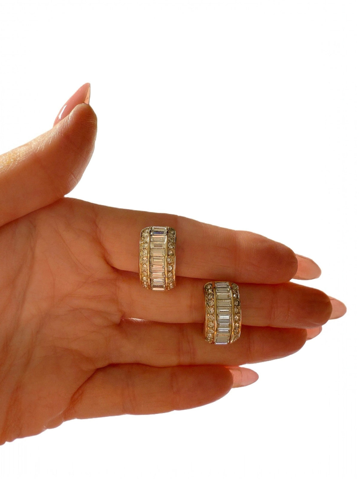 Dior Baguette and Pave Rhinestone Half Hoop Clip-On Earrings