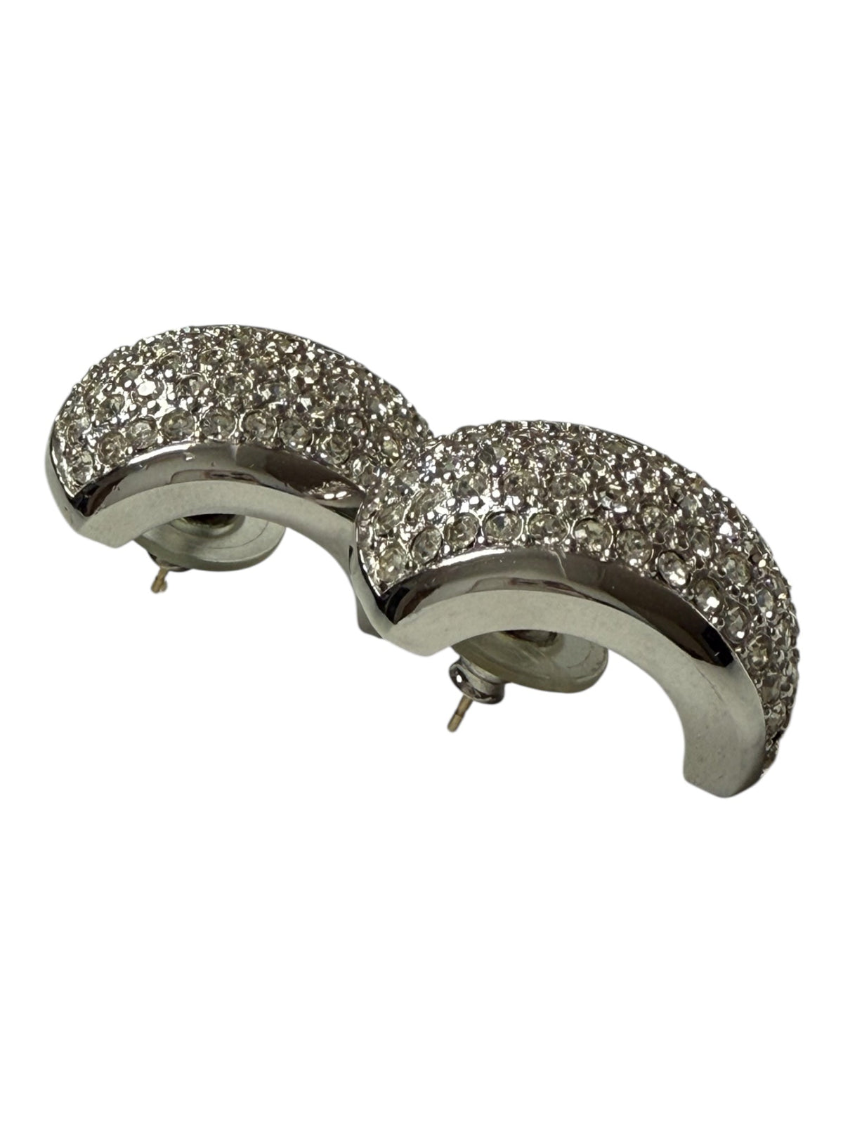 Dior Rhinestone Huggie Silver Tone Half Hoop Earrings