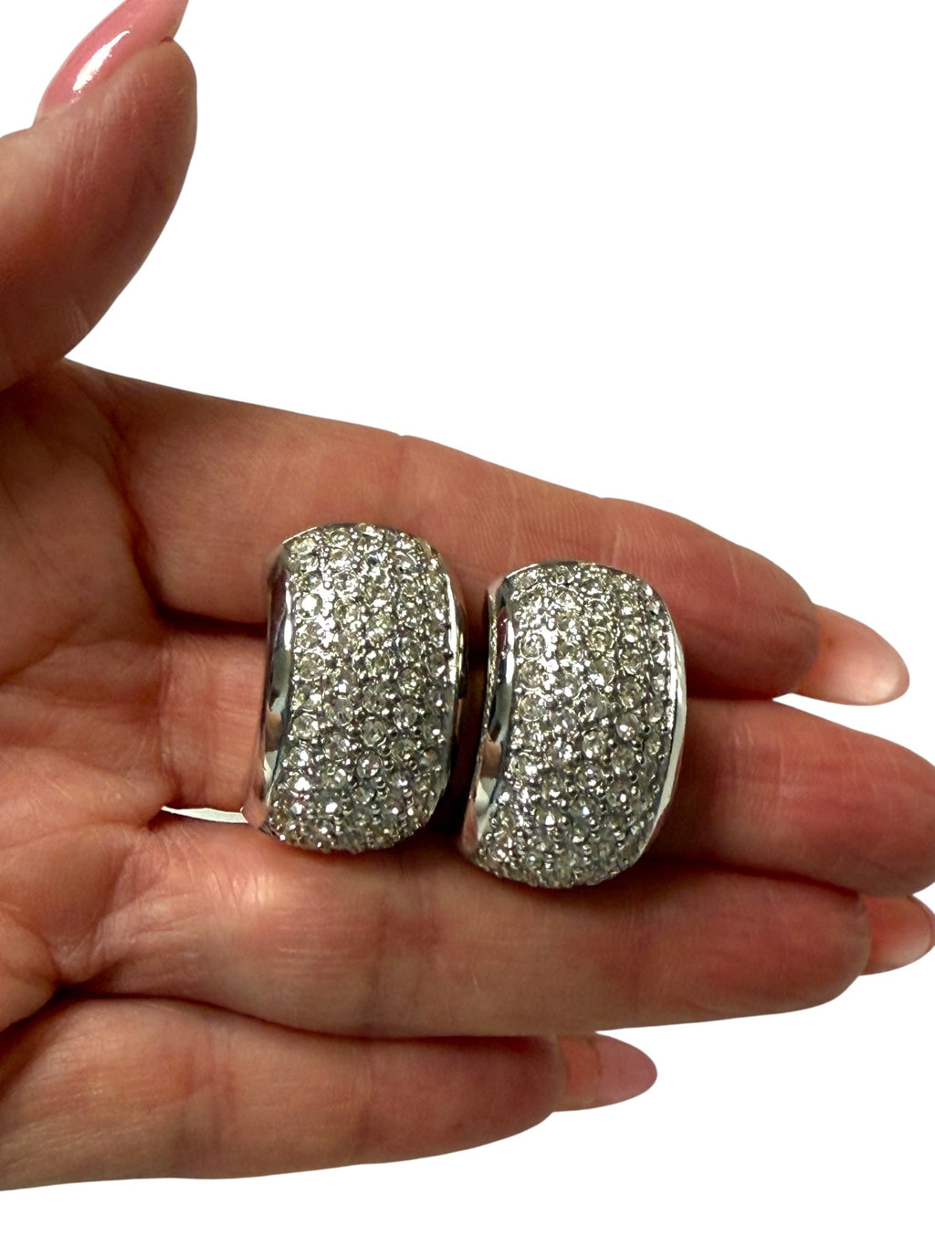 Dior Rhinestone Huggie Silver Tone Half Hoop Earrings
