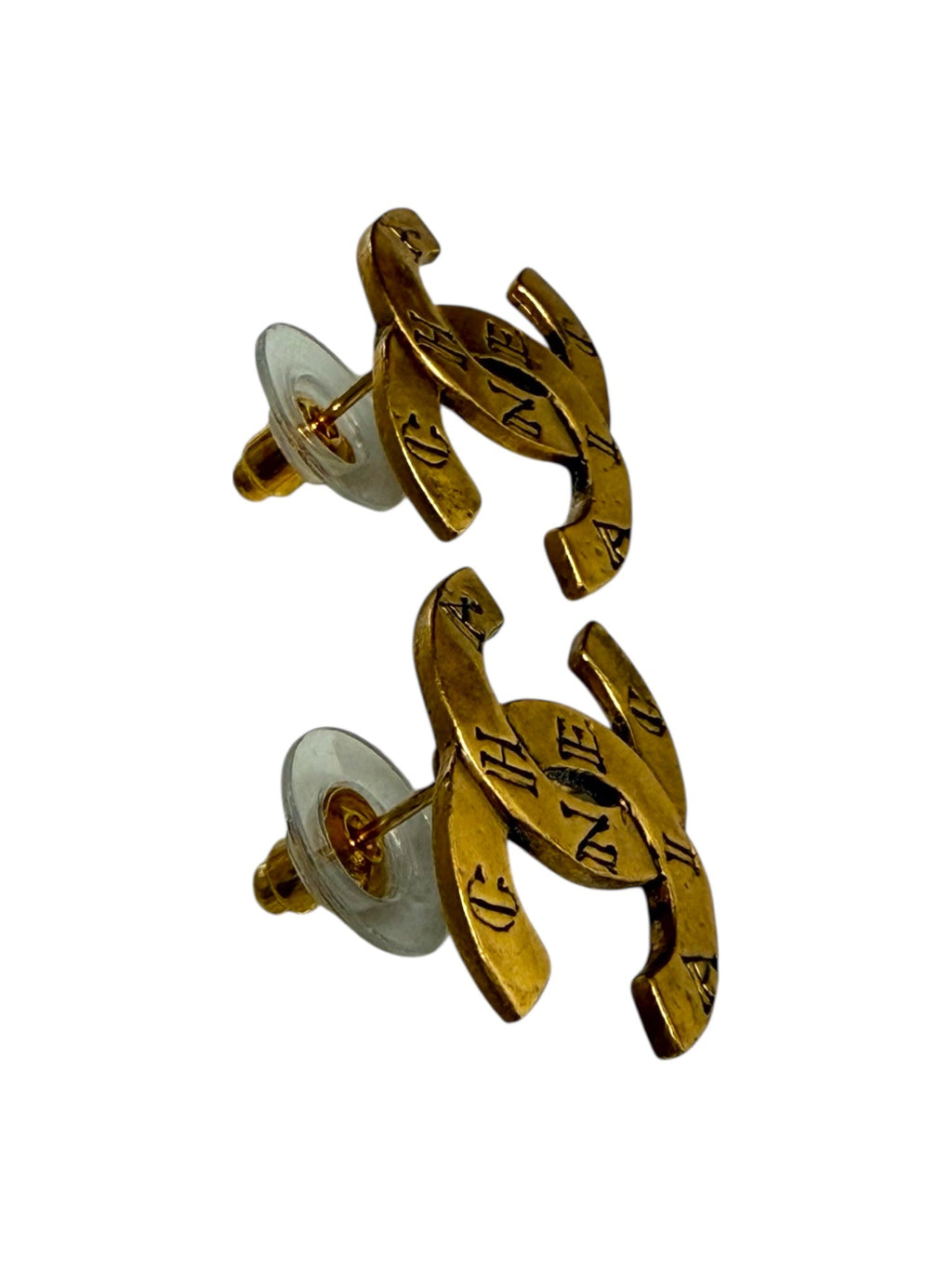Chanel Rue De Cambon CC Logo Antique Gold Tone Earrings
