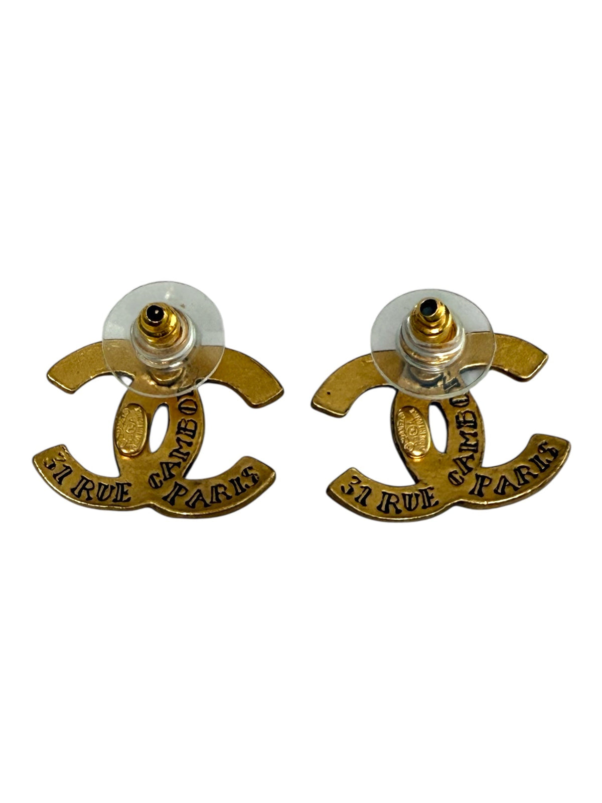 Chanel Rue De Cambon CC Logo Antique Gold Tone Earrings