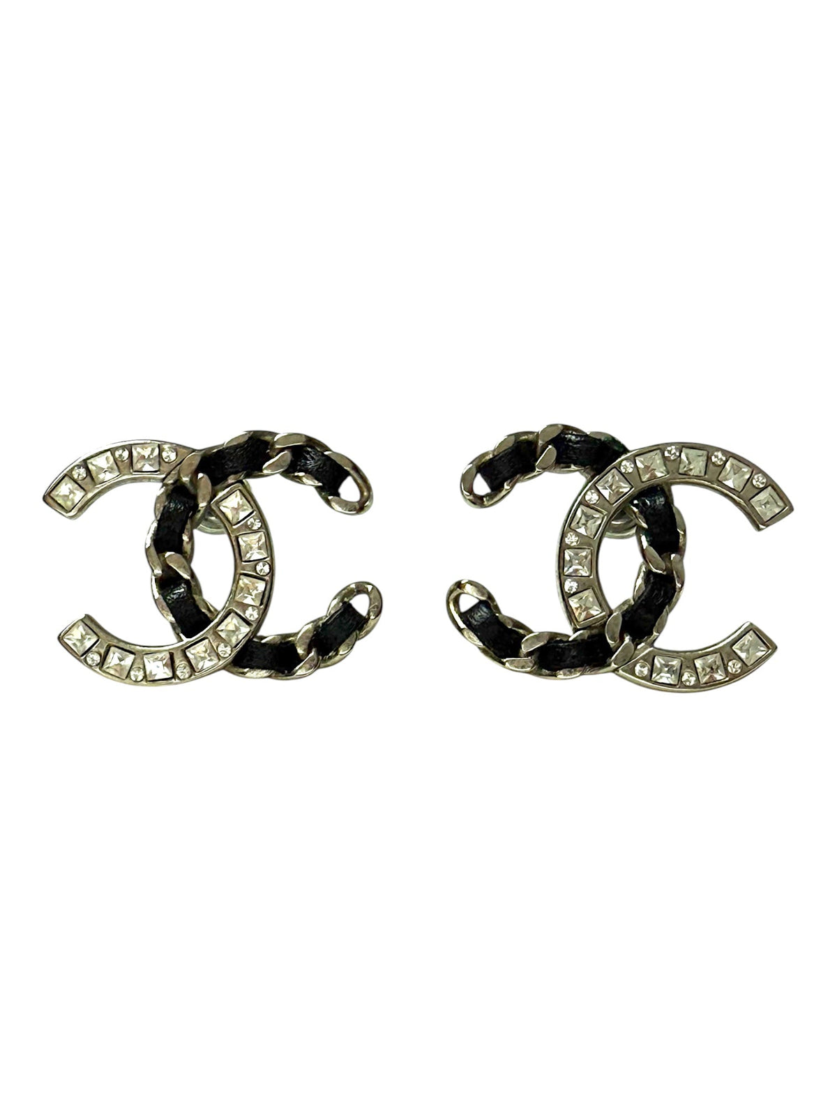 Chanel CC Logo Black Leather and Crystal Earrings