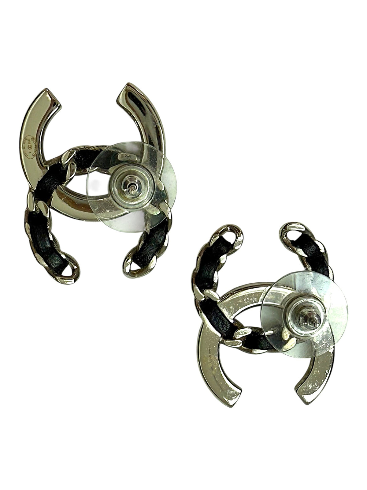 Chanel CC Logo Black Leather and Crystal Earrings