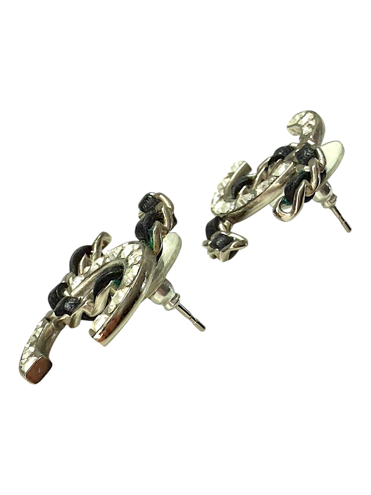 Chanel CC Logo Black Leather and Crystal Earrings