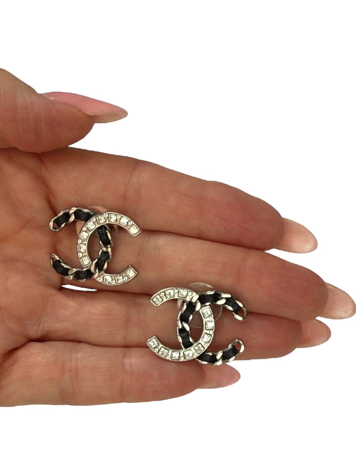 Chanel CC Logo Black Leather and Crystal Earrings