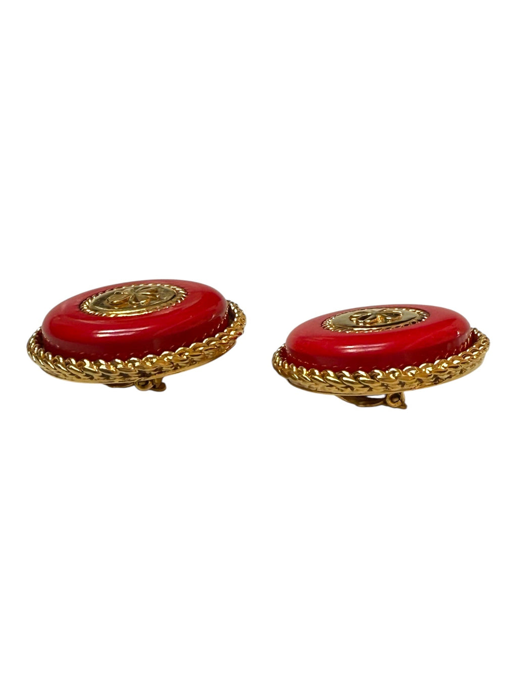 Chanel Large Four Leaf Clover Red Resin Clip On Earrings