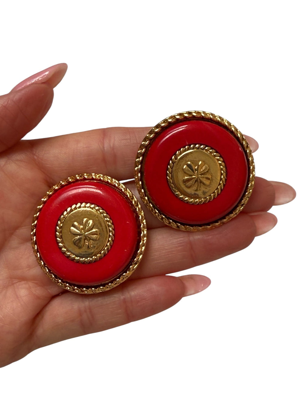 Chanel Large Four Leaf Clover Red Resin Clip On Earrings