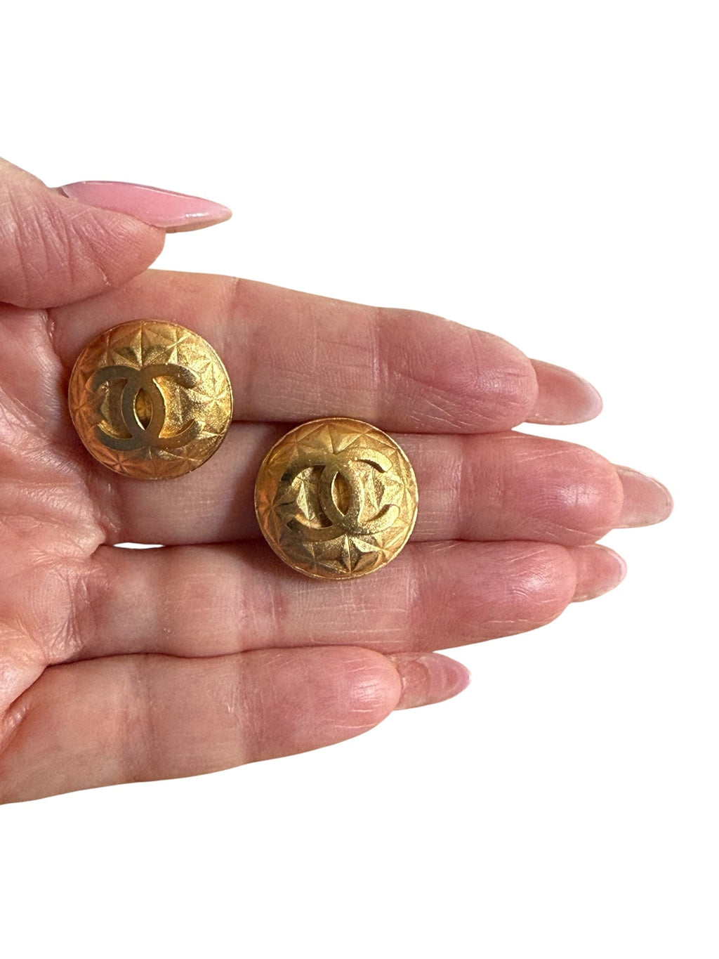 Chanel Round “CC” Logo Matelasse Pattern Gold Plated Clip-On Earrings