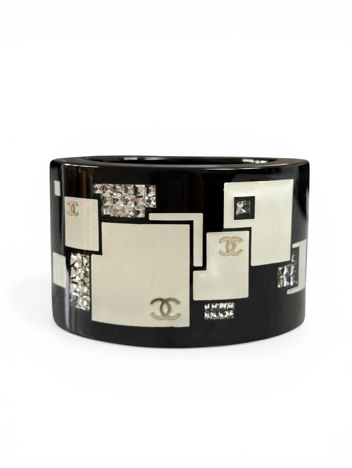 Chanel Black Lucite Hinged Oval Crystal Cuff Bracelet