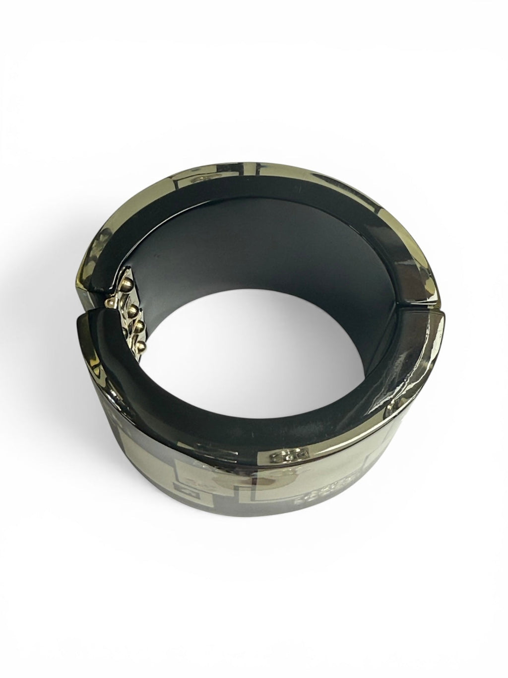 Chanel Black Lucite Hinged Oval Crystal Cuff Bracelet