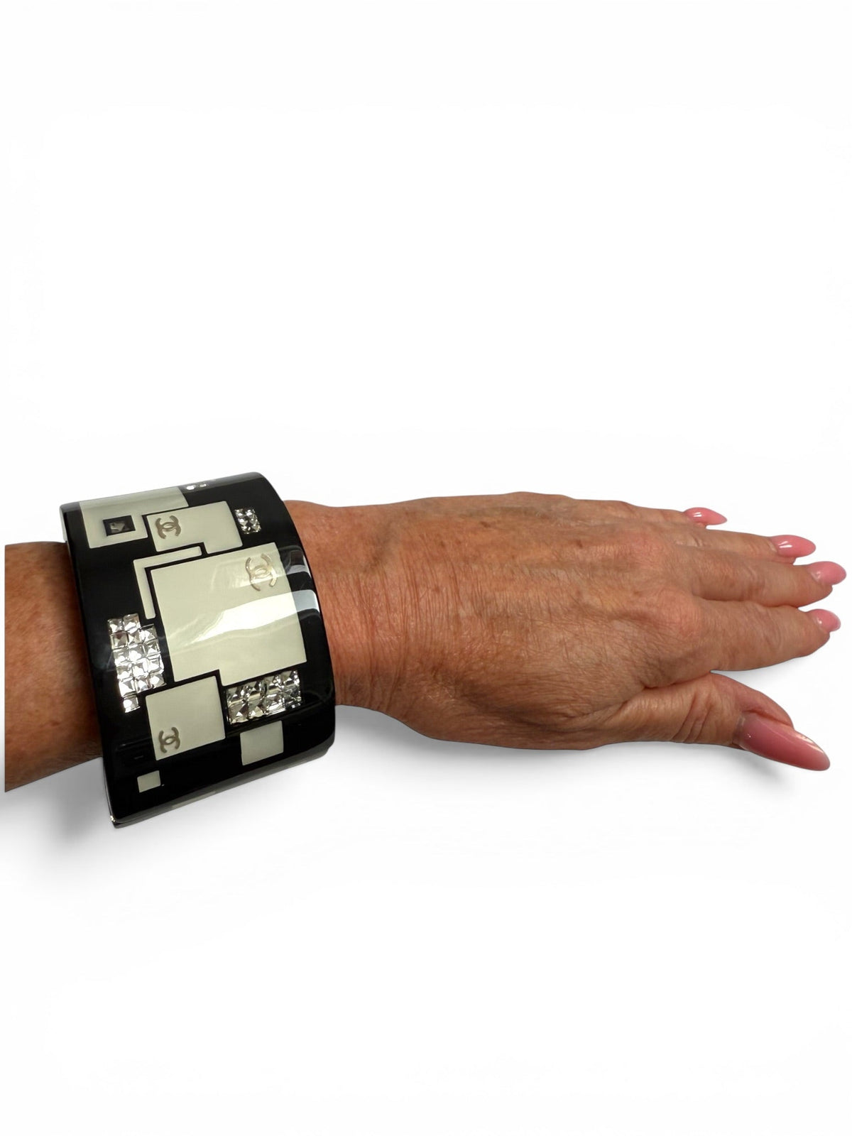 Chanel Black Lucite Hinged Oval Crystal Cuff Bracelet