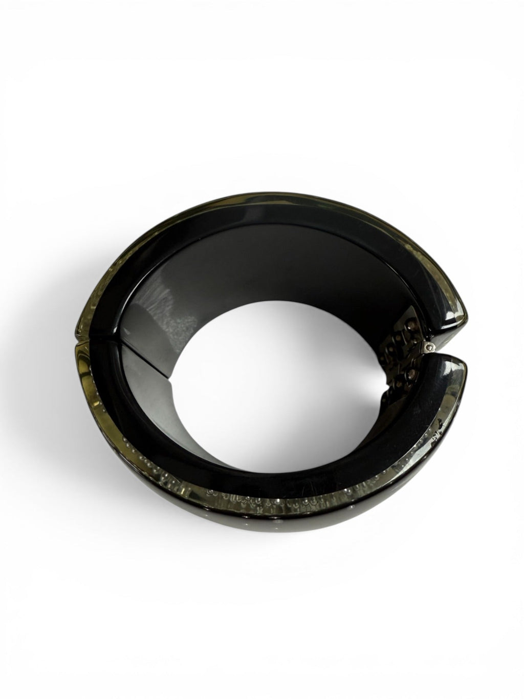 Chanel Black Lucite Hinged Oval Crystal Cuff Bracelet