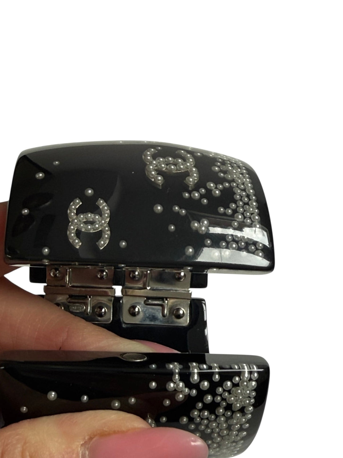 Chanel Black Lucite Hinged Oval Mini Pearl Cuff Bracelet