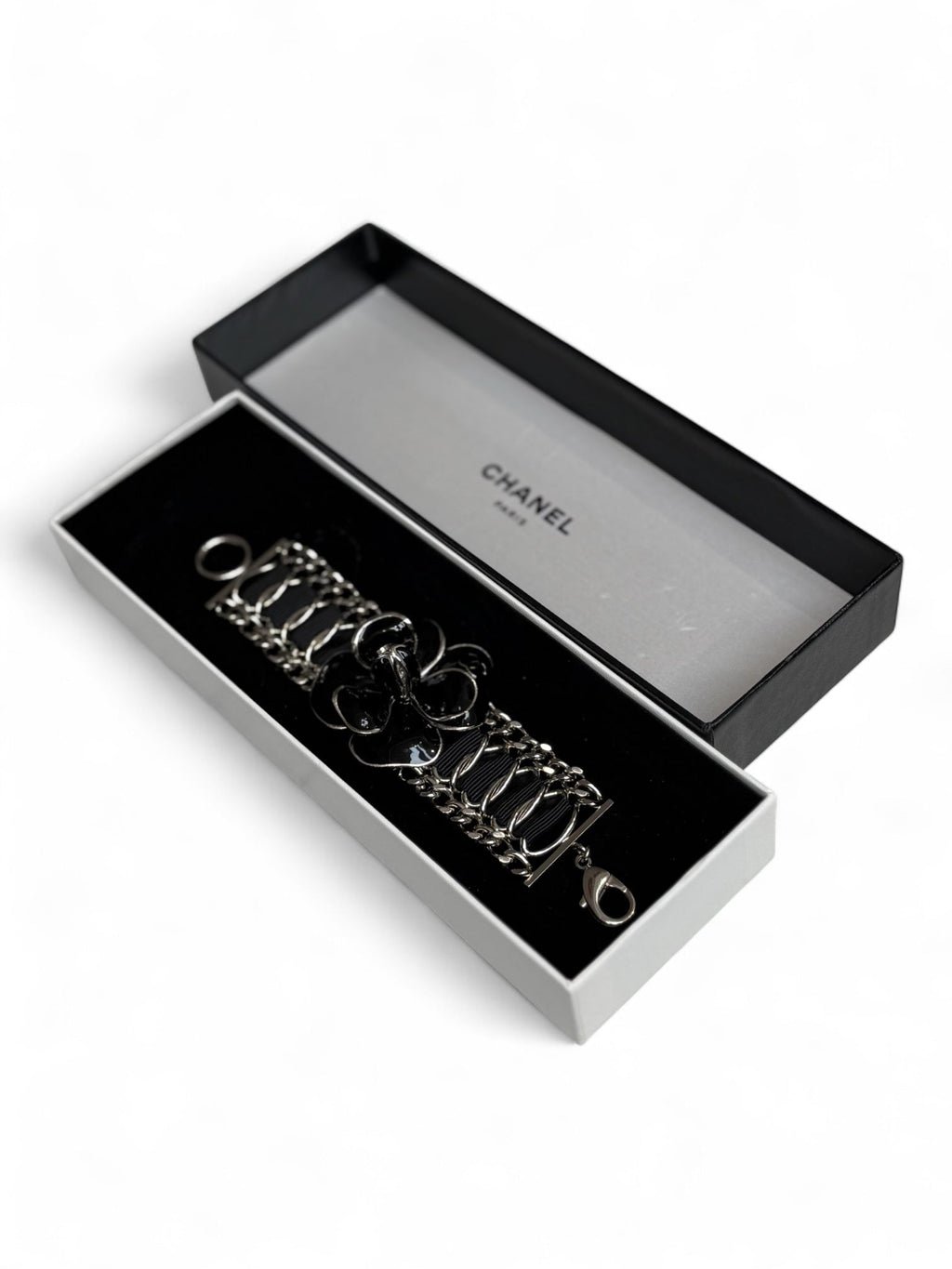 Chanel Silver Chain and Ribbon Black Camellia Bracelet