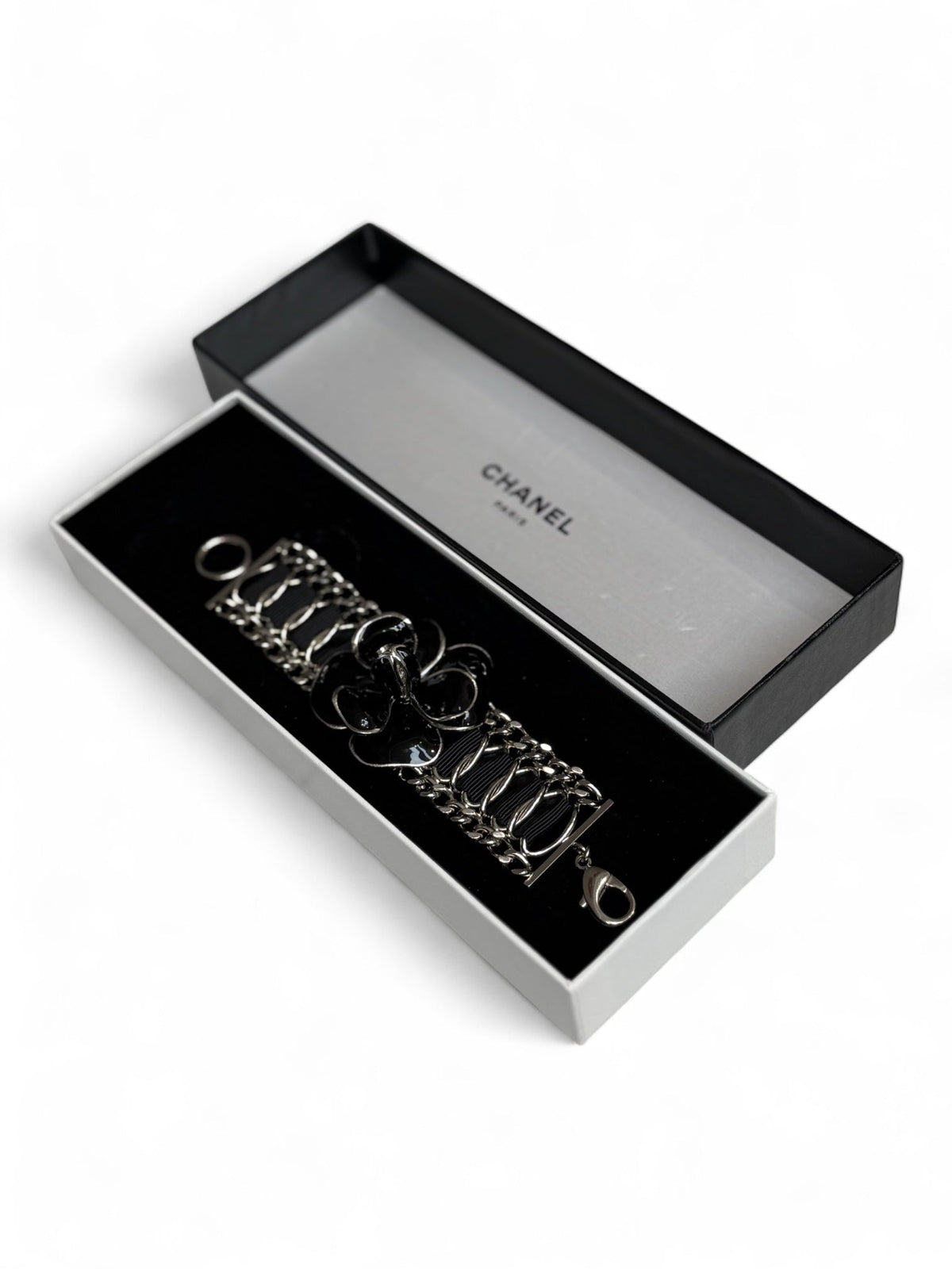 Chanel Silver Chain and Ribbon Black Camellia Bracelet