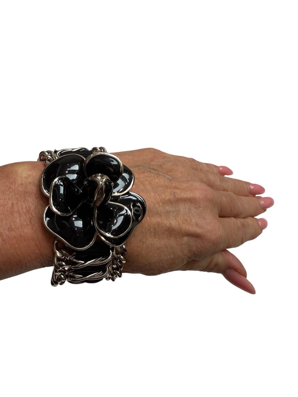 Chanel Silver Chain and Ribbon Black Camellia Bracelet