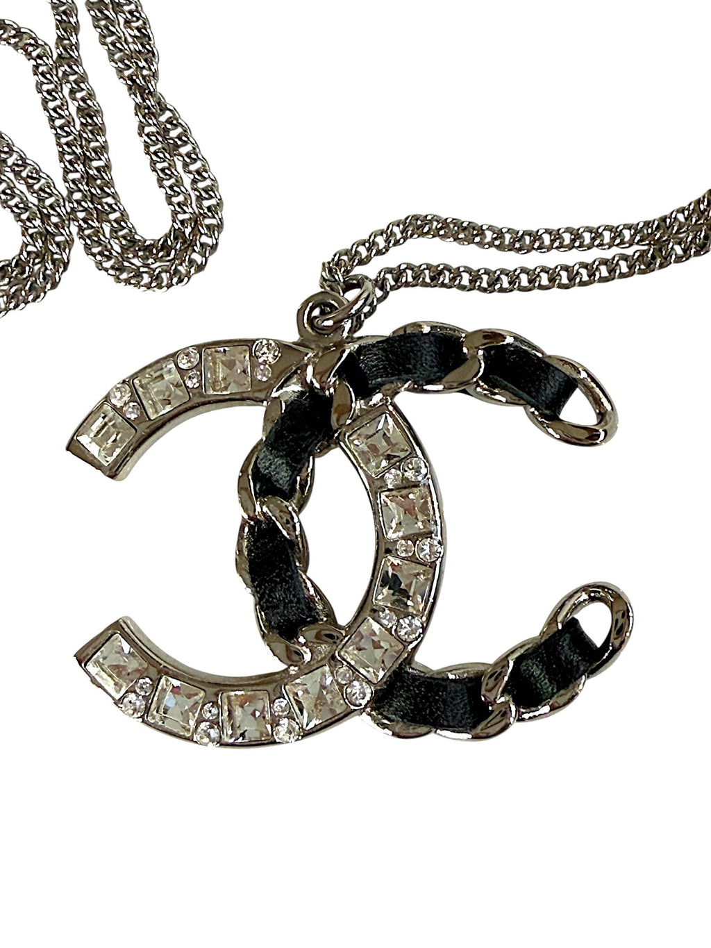 Chanel Silver Black Leather and Crystal Necklace and Earrings Set