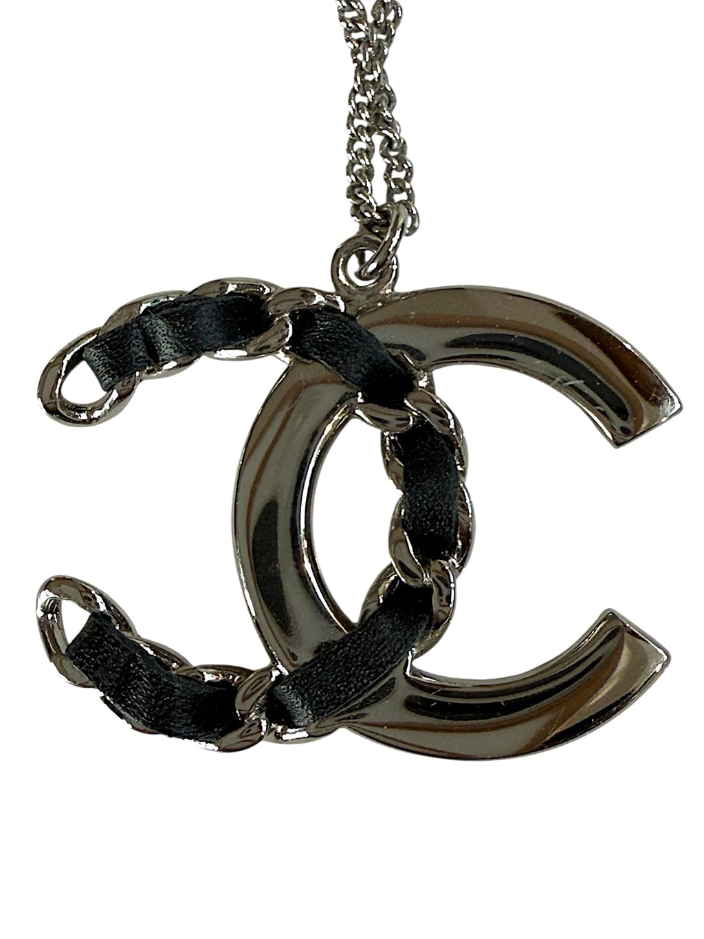 Chanel Silver Black Leather and Crystal Necklace and Earrings Set