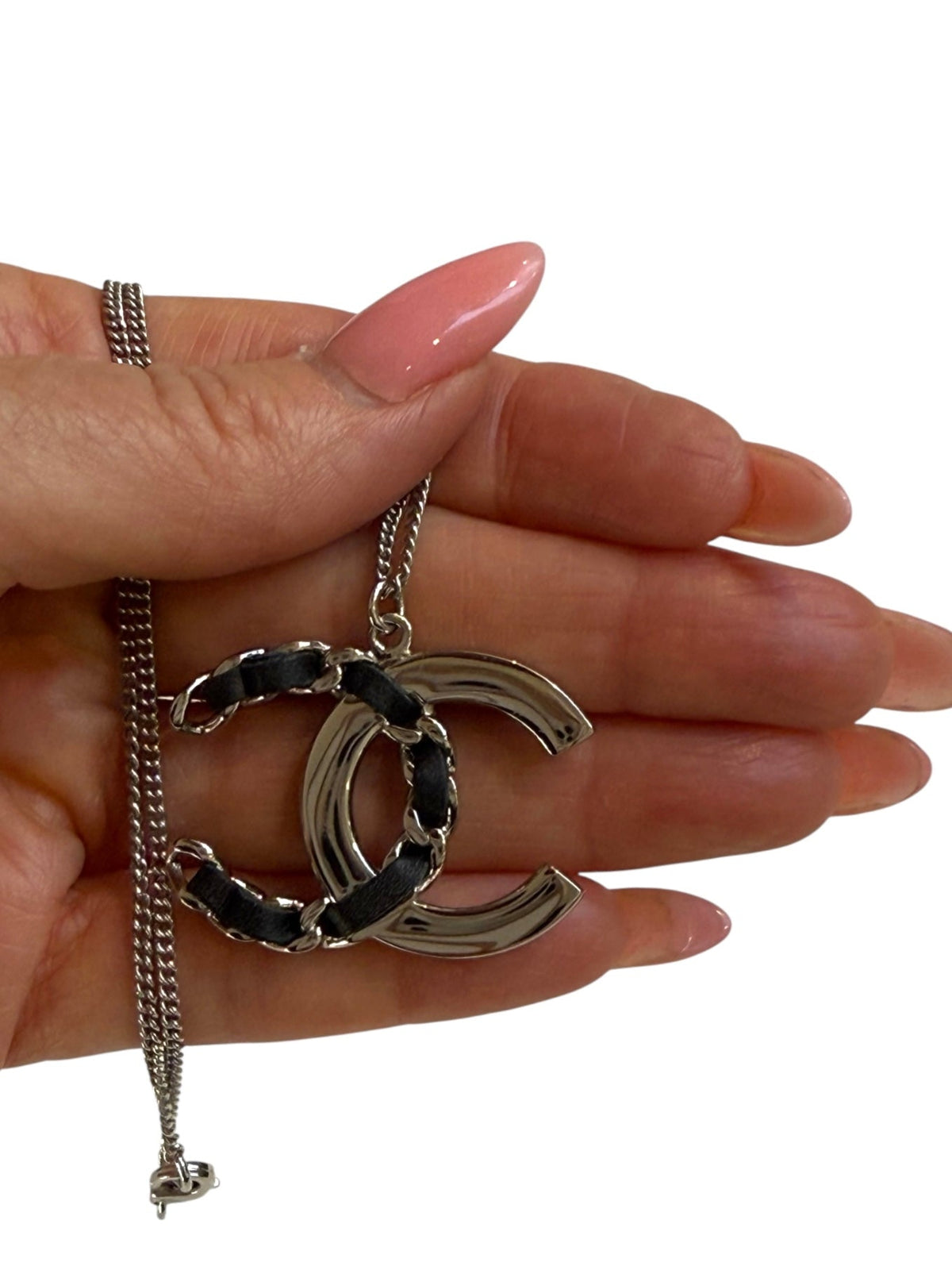 Chanel Silver Black Leather and Crystal Necklace and Earrings Set