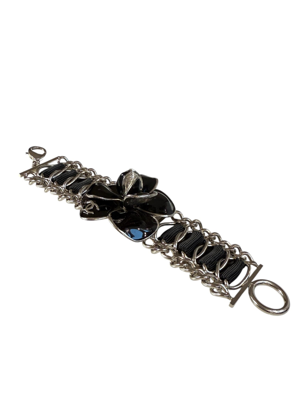 Chanel Silver Chain and Ribbon Black Camellia Bracelet