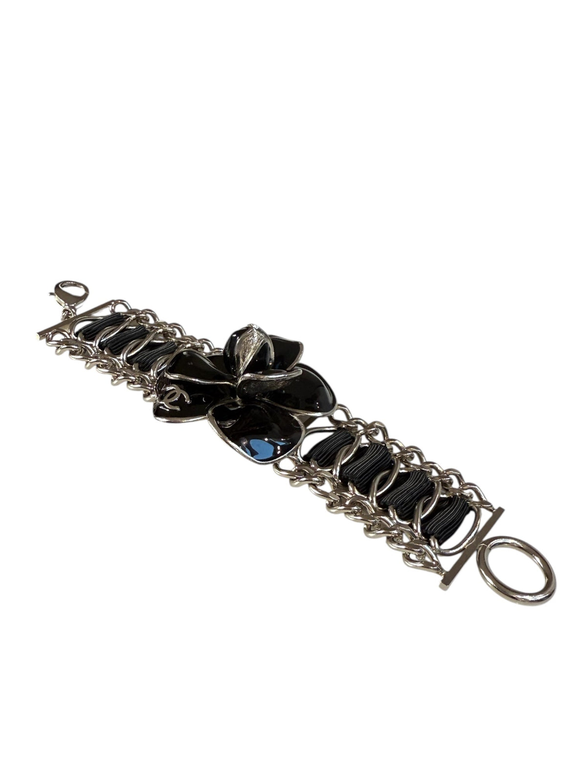 Chanel Silver Chain and Ribbon Black Camellia Bracelet