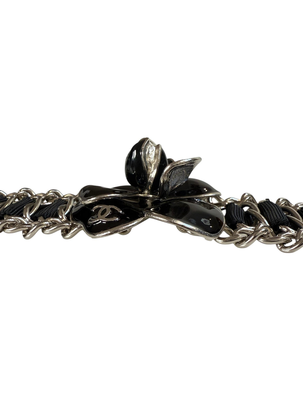 Chanel Silver Chain and Ribbon Black Camellia Bracelet