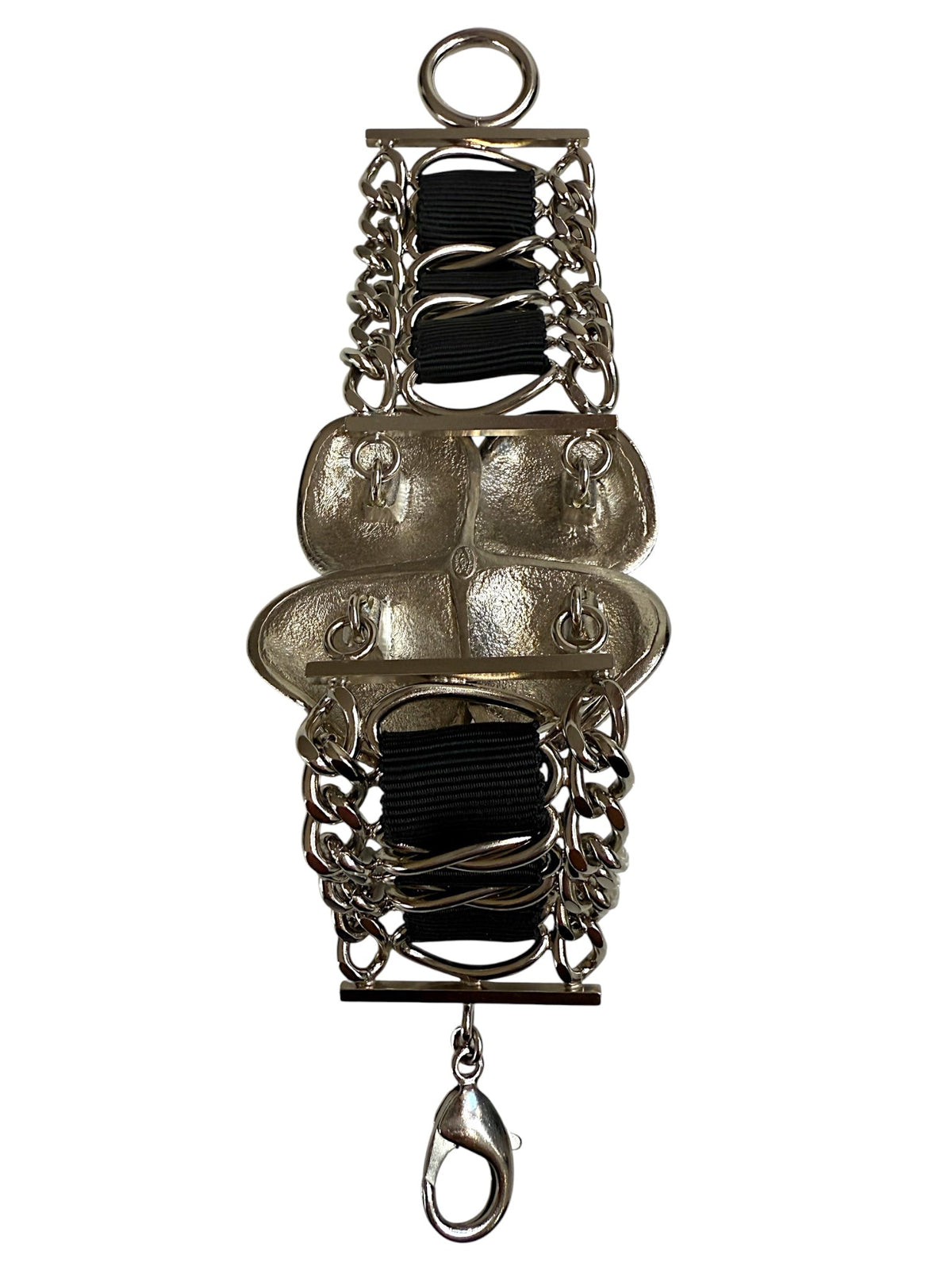 Chanel Silver Chain and Ribbon Black Camellia Bracelet