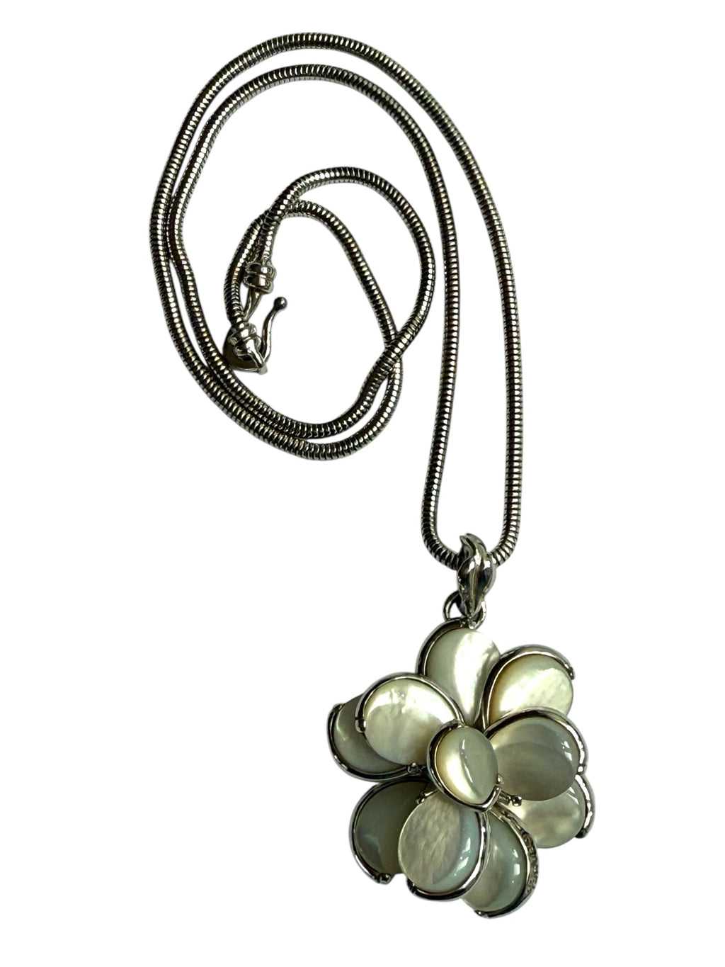 Chanel Silver and Mother of Pearl Camellia Necklace with Serpentine Chain