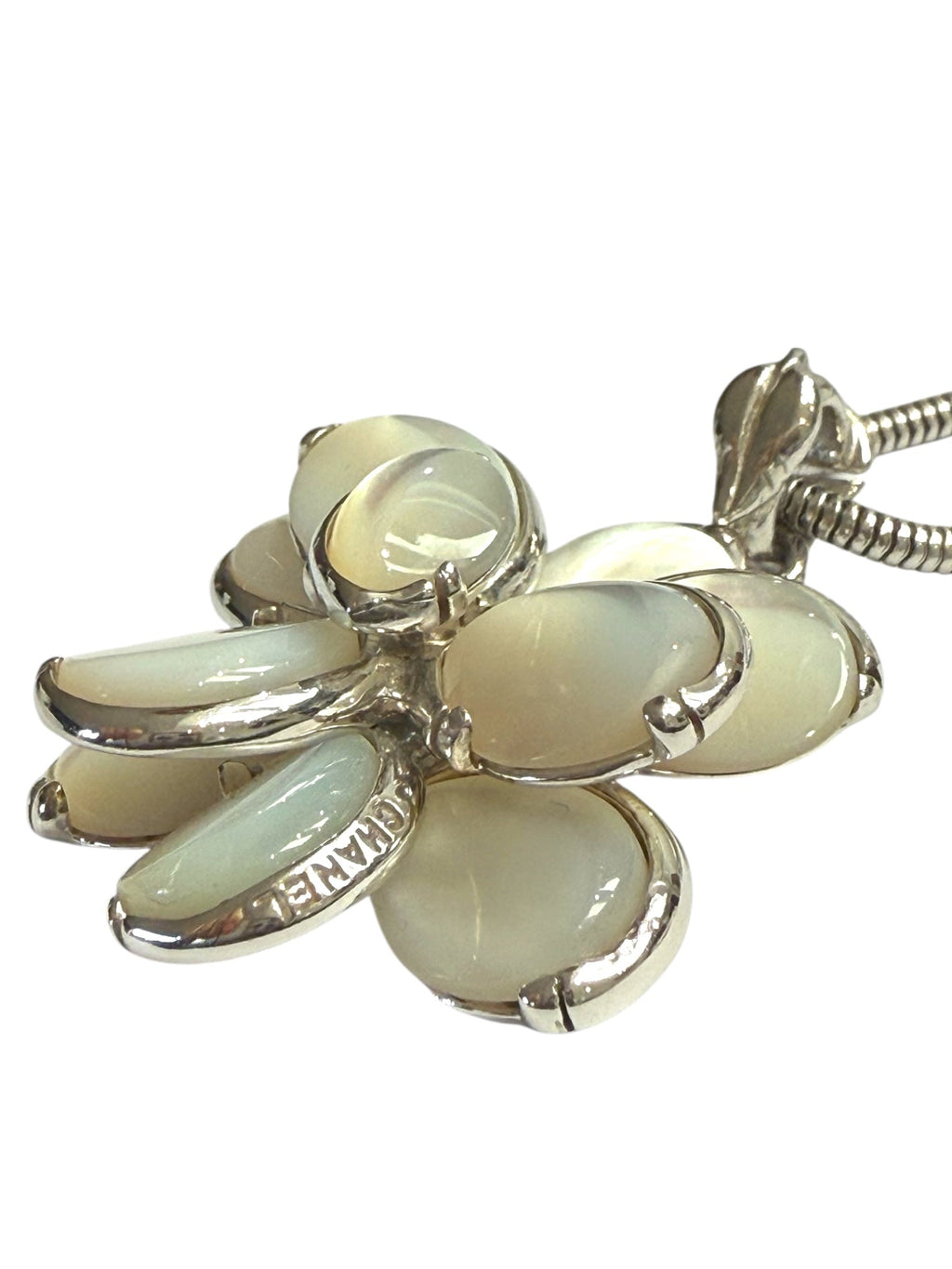 Chanel Silver and Mother of Pearl Camellia Necklace with Serpentine Chain